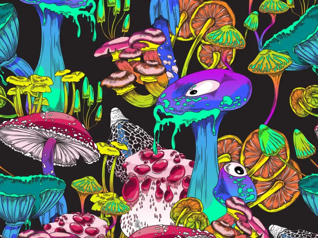 Colorful psychedelic mushrooms